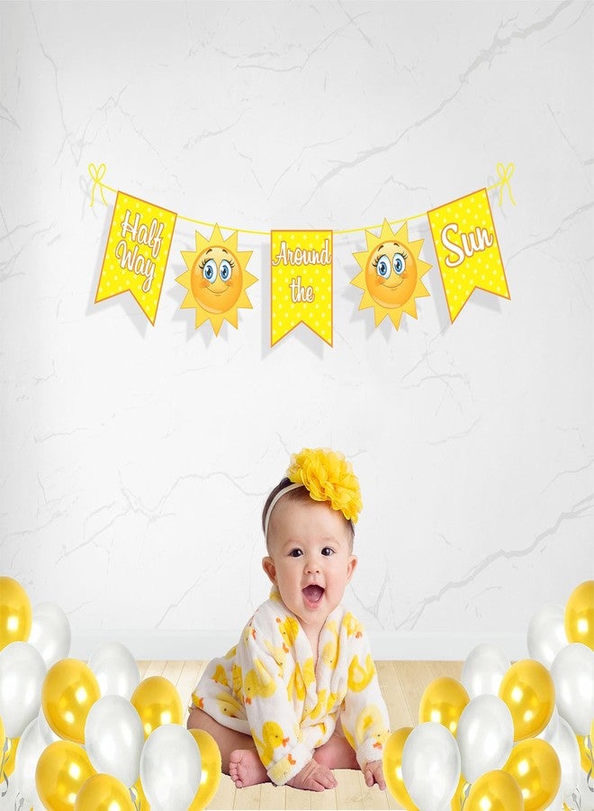 Untumble Half Birthday banner in Sunshine theme with banner and balloon for a 6 month birthday containing a It's my half birthday banner in Yellow and 20 Yellow & White balloons (Pack of 21) - Image 3